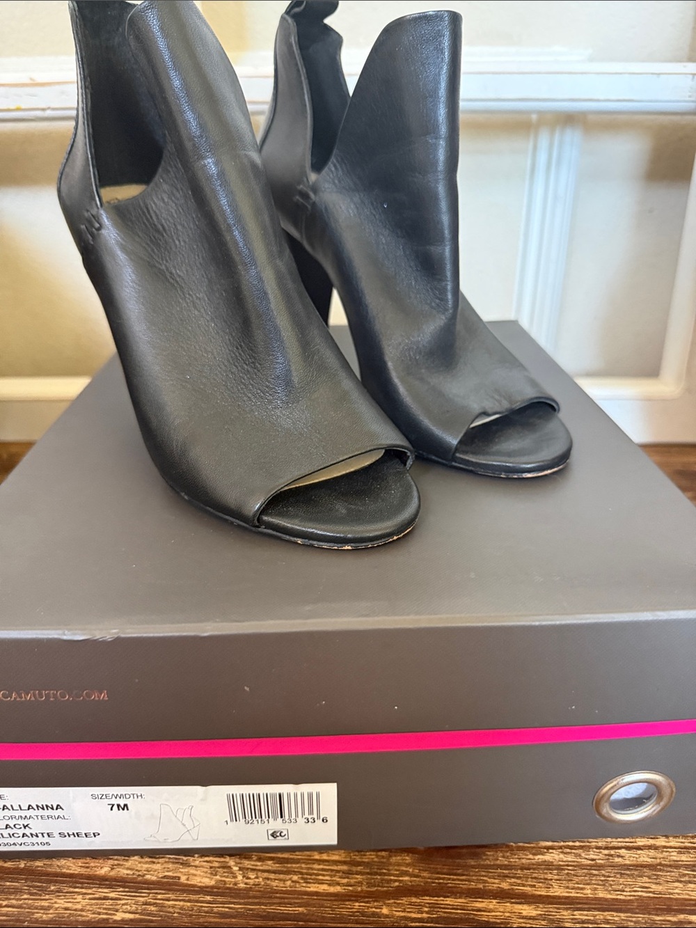 Vince Camuto Black Leather Open-Toe Stiletto Booties